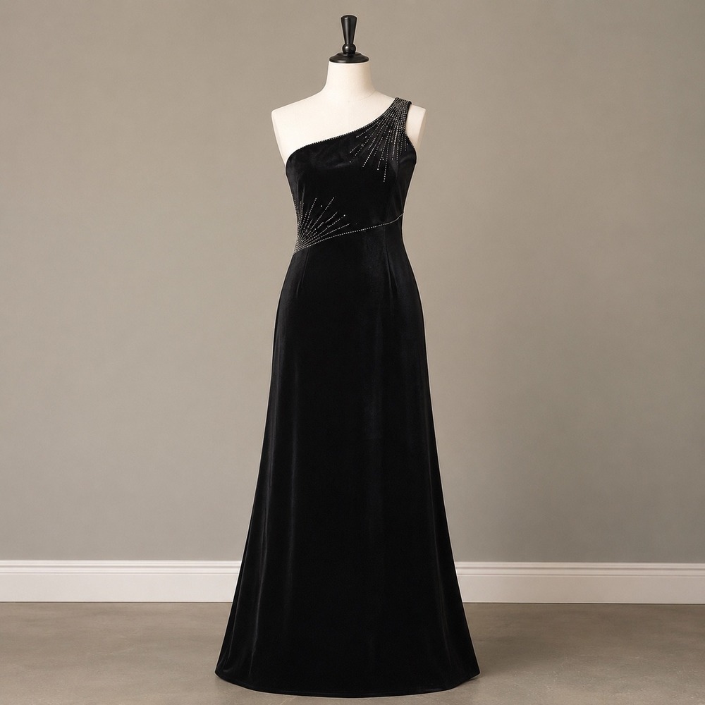 DJ Nights Laura Ryner Black Velvet One‎ Shoulder Beaded Sunburst Maxi Dress 5/6